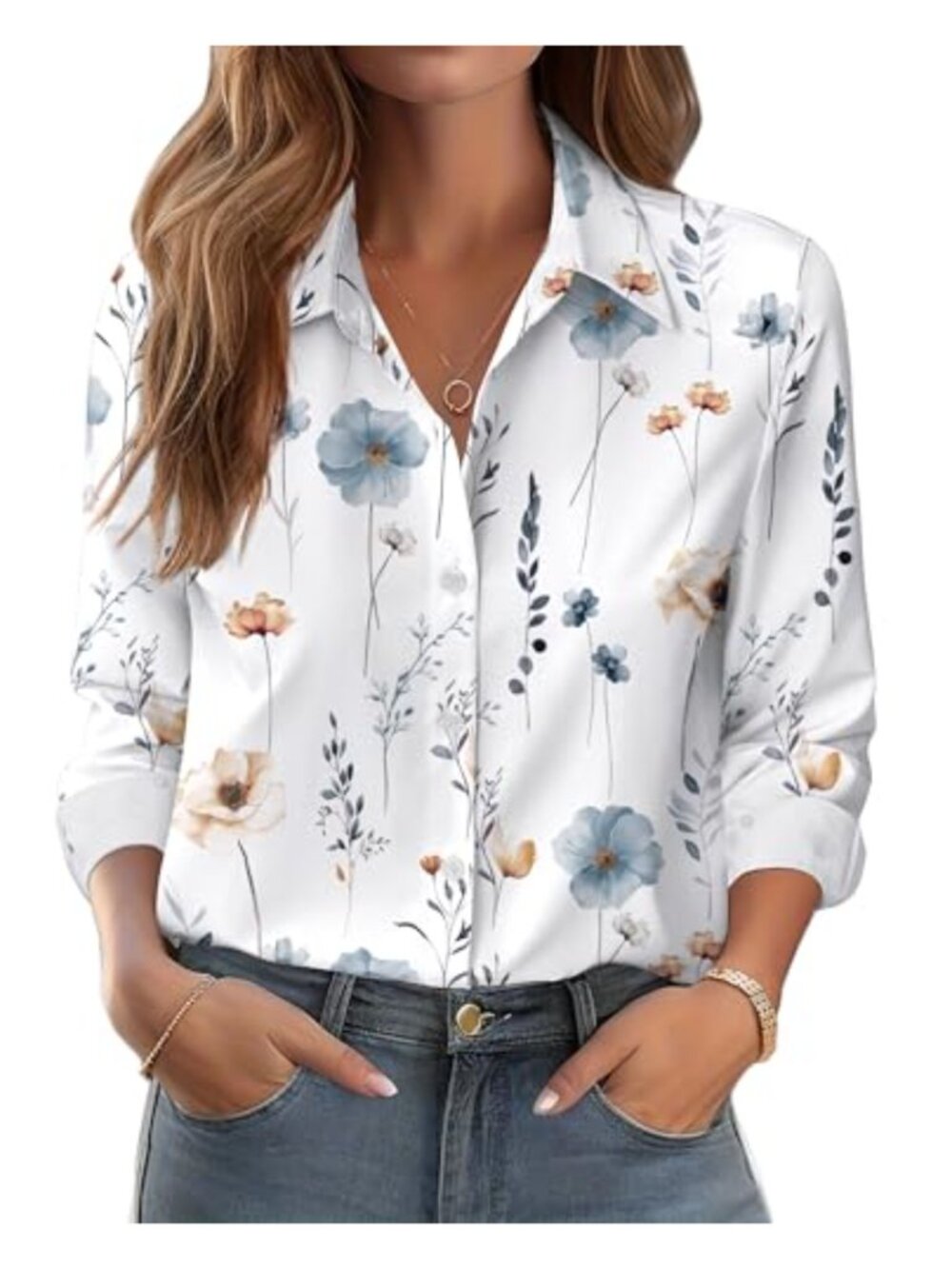 Women's Floral Button Down Shirt Long Sleeve V-Neck Blouse